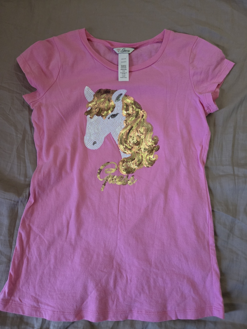 Guess Girls Pink Tee with Gold Sequin Horse